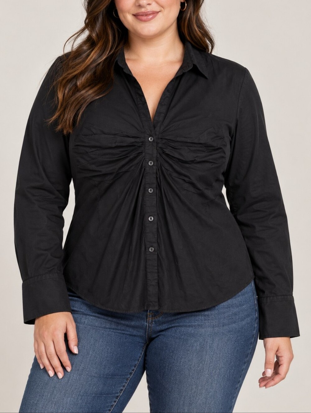 Vintage Harve Benard Ruched Button Down Blouse Black XL Long Sleeve Work Office